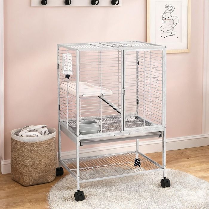 Cage 2 niveaux pour furet écureuil ou chinchilla en acier gris clair 61 5 x 44 5 x 86 cm avec roulettes et étagère