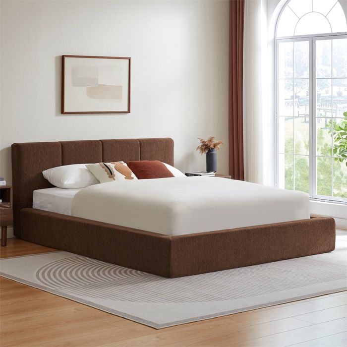 Lit 160x200cm - Lit Double 160x200 - Lit Rembourré avec Tête de Lit Cadre en Acier Renforcé Sans Sommier Tapissier - Marron