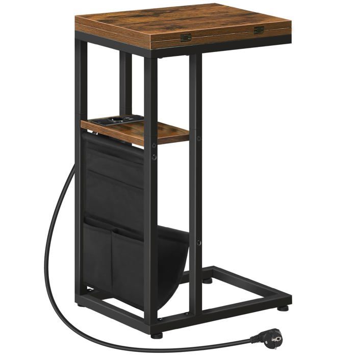 Table d’Appoint en Fme de C Table Basse Pliant avec Station de Charge et Pochette de Rangement Bout de Canapé po TABLE DAPPOINT