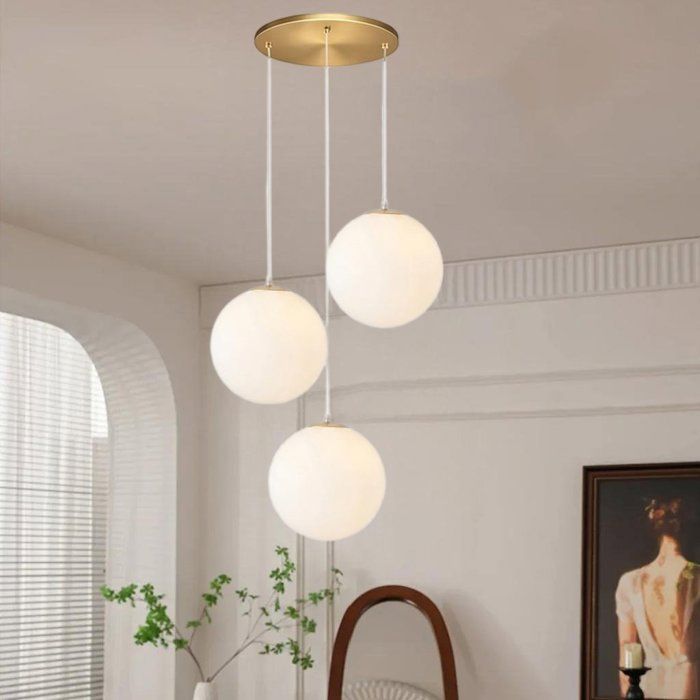 WOTTES 3 têtes Suspension à Globe Blanche Disque Lampe Suspendue de plafond Moderne Dorée E27 Lustre pour Salon Salle à manger