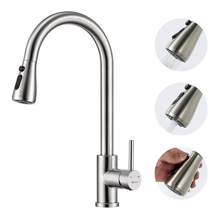 AIHOM Robinet de Cuisine avec Douchette Extensible Mitigeur Cuisine 3 Types de Jets Mitigeur &Eacute;vier Rotatif 360&deg; Robinetterie en Acier 