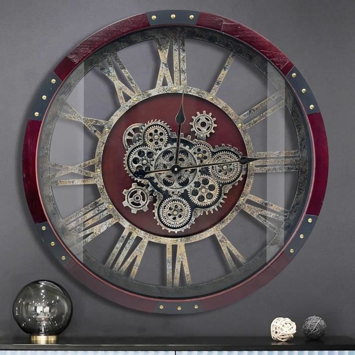 Horloge Murale Géante 53 Cm Avec Engrenages Mobiles - Style Steampunk Vintage - Mouvement Quartz (piles AA Non Fournies) - Cadre Bois Marron - Parfaite Pour Salon, Bar, Bureau