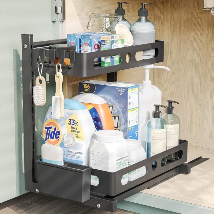 Organisateur Sous Évier Cuisine Avec Tiroir Coulissant Double Niveau - Rangement Réglable En Hauteur Métal