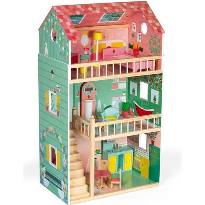 Maison de poupées en bois Happy Day JANOD - Pour enfants dès 3 ans - 3 étages - 12 pièces de mobilier