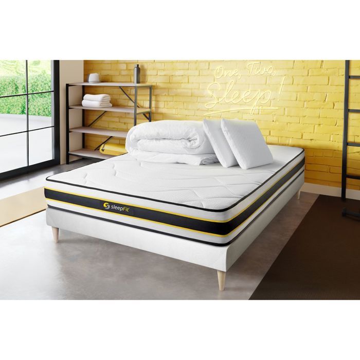 Pack matelas FLEXY 180x200 + sommier kit blanc + oreillers mémoire de forme + couette Percale 260x240cm