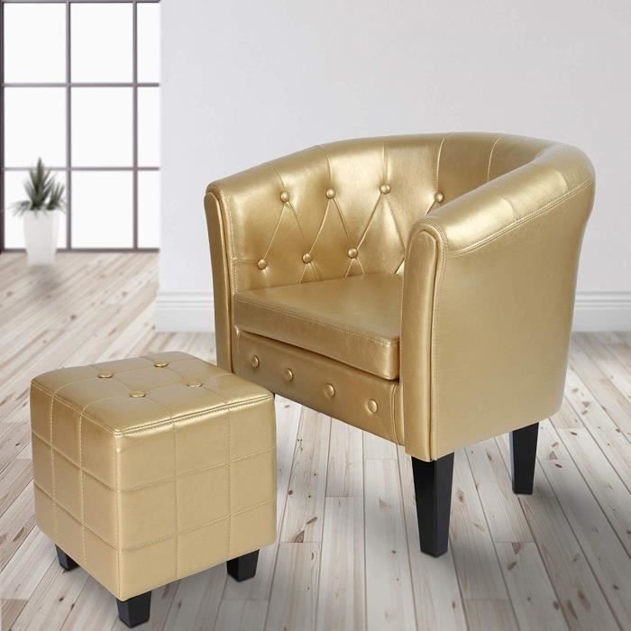 miadomodo® fauteuil chesterfield avec repose-pied - en simili cuir, doré - chaise, cabriolet, tabouret pouf, meuble de salon