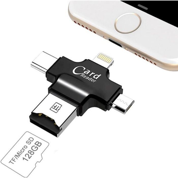 Juce® Lecteur de Carte Micro SD Card Reader USB 4 en 1 Adaptateur Carte  Micro SD/TF USB 2.0 Android Type C Lightning - Noir - Cdiscount Téléphonie
