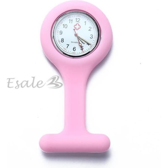 Montre Infirmière Poche à Quartz Rond en Silicone Rose avec Broche Epingle Clip