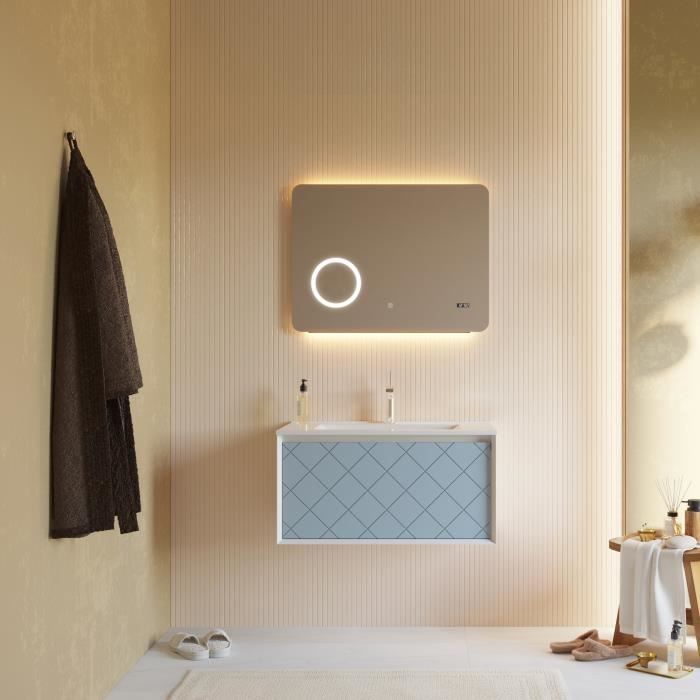 meuble de salle de bain 80 cm bleu clair mat, lavabo et miroir tactile led | miami