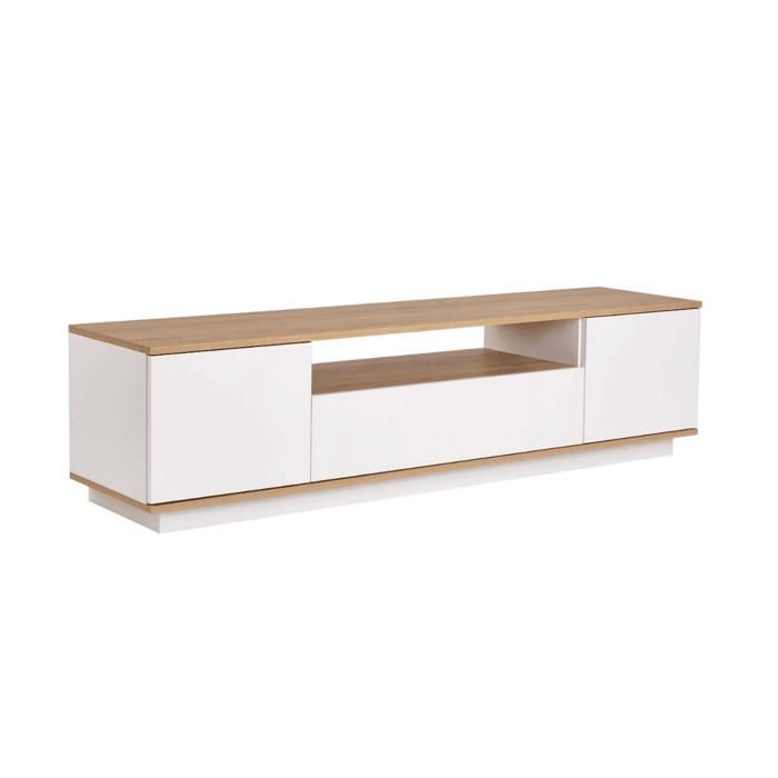CALICOSY - Meuble TV 3 portes rabattables et 1 niche L180 cm - VERAMONT - Blanc / Chêne cadix CALICOSY - Meuble TV 3 portes rabattables et 1 niche L180 cm - VERAMONT - Blanc / Chêne cadix