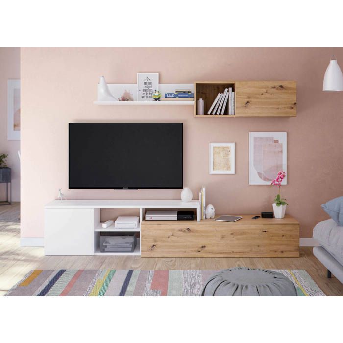 Dmora - Meuble mural Aligator 220 x 40 x h 44 cm finition chêne blanc Panneau effet bois Dmora - Meuble mural Aligator 220 x 40 x h 44 cm finition chêne blanc Panneau effet bois
