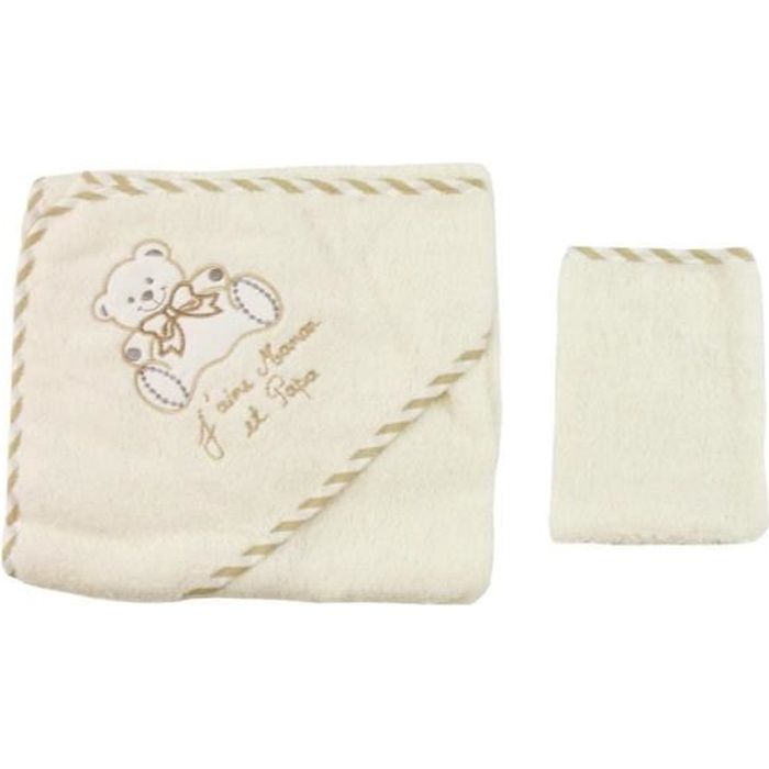 Parure de bain pour bébé beige - Motif Nounours J'aime maman et papa