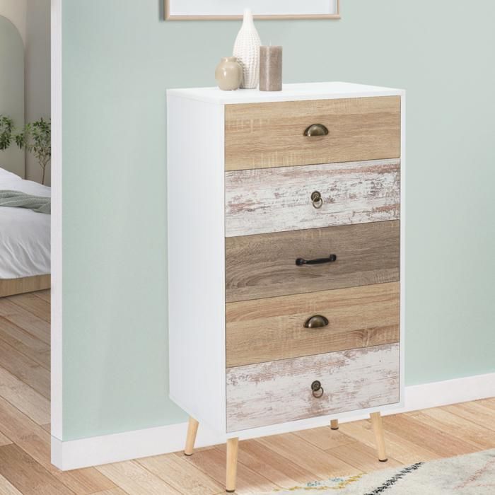 IDMARKET Chiffonnier 5 tiroirs BAHIA 60x40x110 cm commode semainier design scandinave