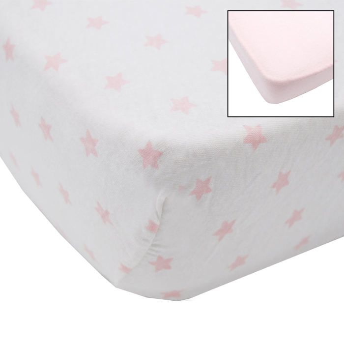 BABYCALIN Lot de 2 draps housse Jersey coton - Rose uni et impression etoile rose - 60 x 120 cm