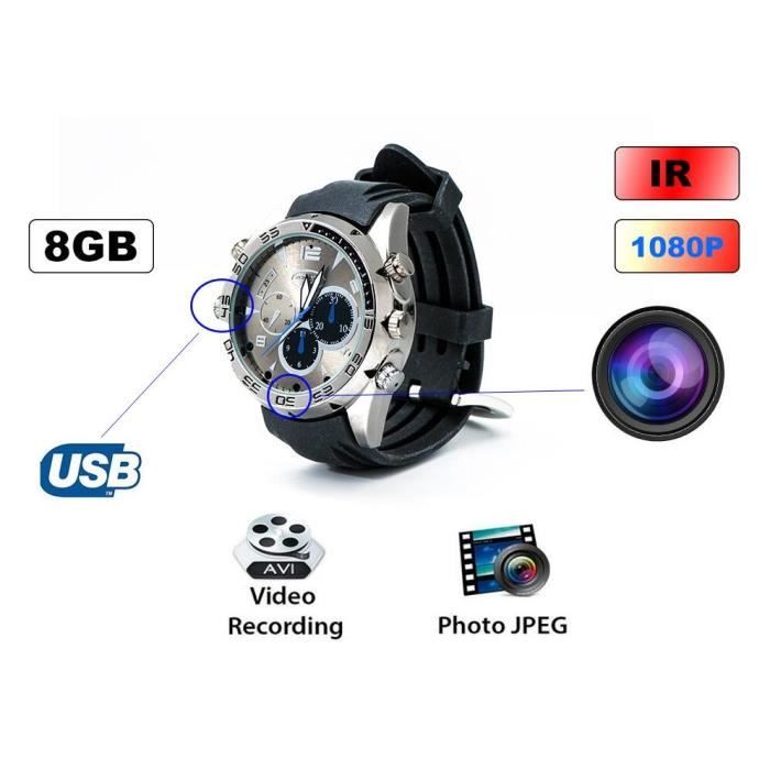 DV Montre Cach/ée Espion Full HD 1080P Espion D/étecteur de Mouvement IR Vision Nocturne /Étanche pour Vid/éos 16G Photos et Audio