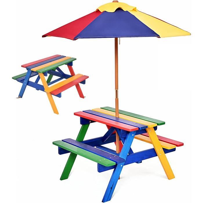 RELAX4LIFE Ensemble Salon de Jardin pour Enfant - 1 Table et 2 Bancs Plus 1 Parasol Multicolore, Table en Sapin avec Trous