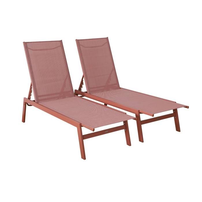 Lot de 2 transats terracotta. 5 positions. en textilène et métal. FLORA. L155 x P59 x H106cm Lot de 2 transats terracotta. 5 positions. en textilène et métal. FLORA. L155 x P59 x H106cm