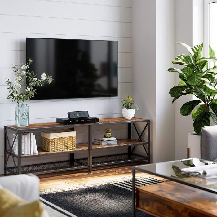 vasagle meuble tv, support tv pour télévision jusqu'à 70 pouces, avec étagères de rangement,  marron rustique et noir ltv095b01