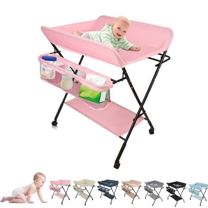 Table à Langer mobile avec roulettes Willonin® Rose Plan à Langer Pliable pour bébé 0-2 ans Étagère de range et Hauteur réglable