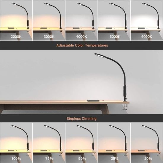 Hokone Lampe De Bureau à Clipser LED - Lampe Pince Col De Cygne 360° 4 Couleurs 10 Niveaux Luminosité