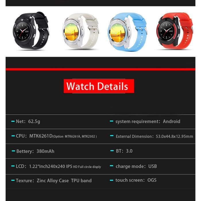 V8 Bluetooth Intelligent Montre Repondre A L appel Montre Soutien SIM TF Carte Camera SmartWatch pour Android Smartphone Noir Cdiscount Telephonie