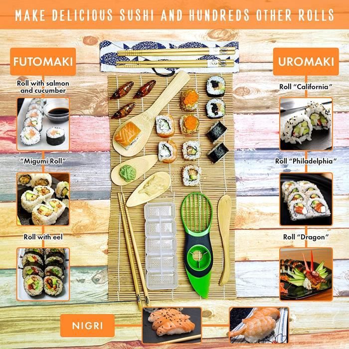 Kit sushi maki complet en bambou – sushi maker kit – 2 nattes à