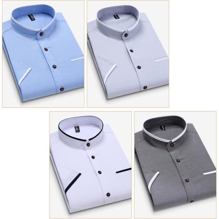 UHouse Chemise Homme Lin Coton Manches Courtes - Chemisette Décontractée Col Mao Été Respirante