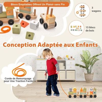 COSTWAY Jouet Train en Bois Bébé avec 3 Wagons & 15 Pièces de Blocs, Train à Tirer en Bois avec Motifs d'Animaux & Corde de Remorquage, Jouet Educatif pour Bébé de 18