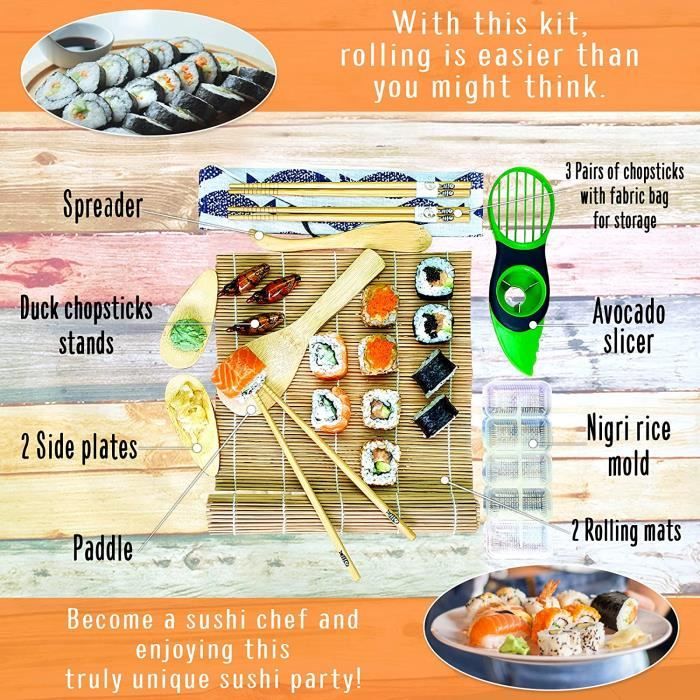 Kit sushi maki complet en bambou – sushi maker kit – 2 nattes à rouler en  bambou, 3 paires de baguettes, trancheuse à avocat,[A90] - Cdiscount Maison