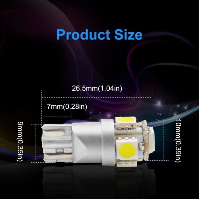 4 Pcs Blanc 5050 SMD 5 LED T10 W5W 194 168 192 Ampoules de Signal de  Voiture 
