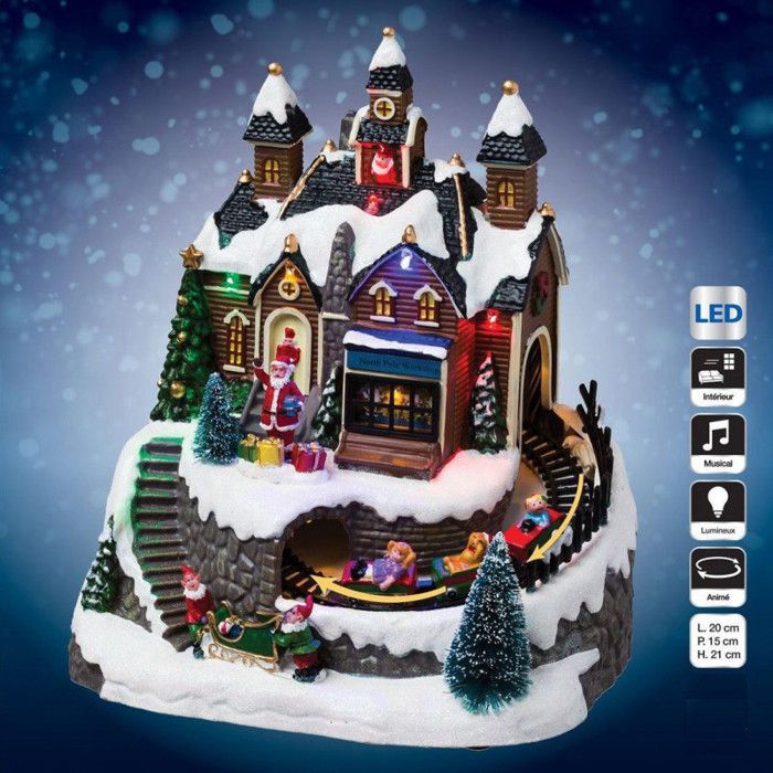 Boîte à Musique Village De Noël - Père Noël, Lumières LED, 16x24 Cm, ZB24