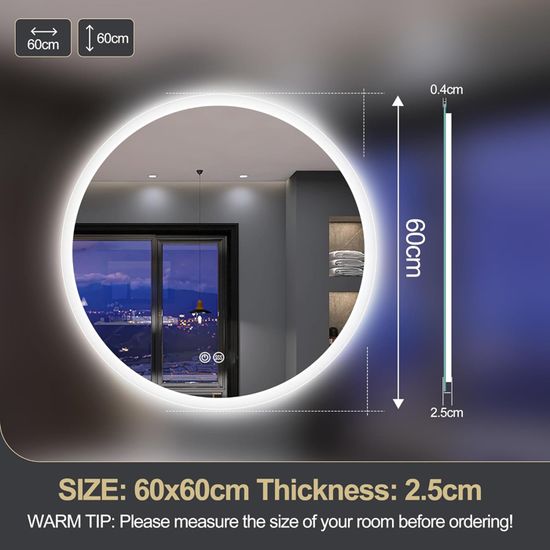 Miroir De Salle De Bain Rond 60 Cm Avec LED - Éclairage Réglable 3000K-6000K, Résistant à L'humidité - Design Moderne