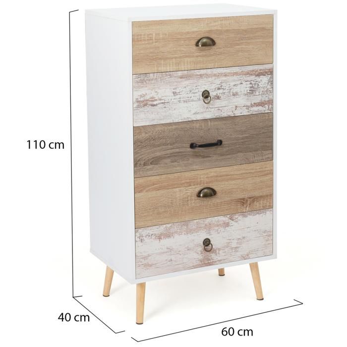 Commode 6 Tiroirs Bahia 115 Cm Scandinave IDMarket - Blanc Et Bois