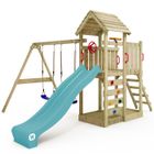 WICKEY Aire de jeux Portique bois MultiFlyer toit en bois avec balançoire et toboggan turquoise Maison enfant extérieure