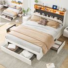 KILISKY Lit 160x200 avec Sommier LED et USB, Double avec 4 Tiroirs, Tête de Lit avec Rangement, Velours, pour Adultes et Adolescents,Beige