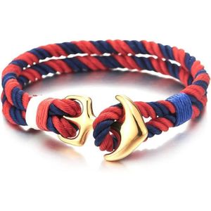 Bracelet Homme Ancre - Cordon Elastique - Bleu et Rouge - Rhodié