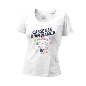 T-SHIRT T-shirt Femme Col V Casseuse d'Ambiance Chat Dessin Illustration