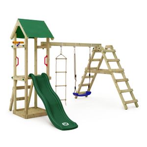 STATION DE JEUX WICKEY Aire de jeux Portique bois TinyLoft avec balançoire et toboggan vert Échafaudage grimpant avec bac à sable, mur d'escalade