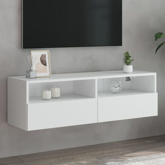 Meuble TV Mural Blanc 100x30x30 Cm - Bois D'Ingénierie - 2 Étagères + 2 Compartiments - Générique - 8