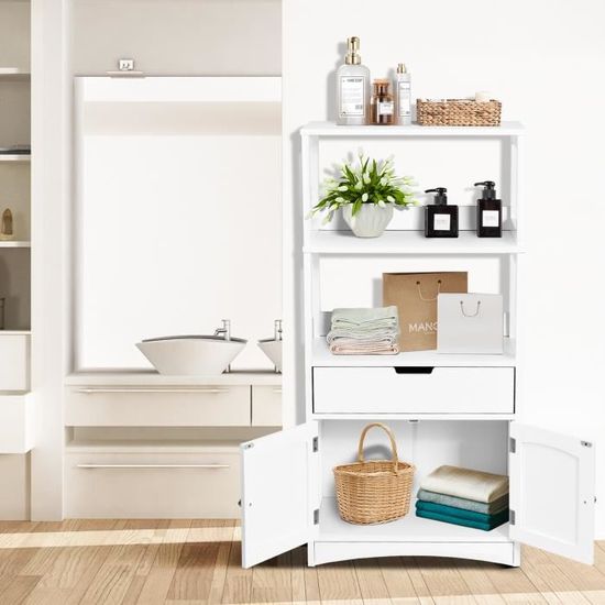 Armoire De Salle De Bain Yaheetech Blanc - 1 Plateau Réglable + 1 Casier Ouvert - MDF - 83,5x45x30 Cm - Neuf