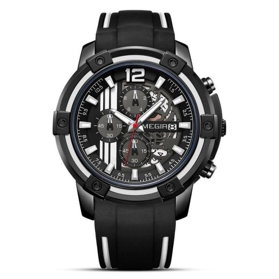 Montre De Sport Homme Megir Automatique - Bracelet Blanc Caoutchouc, Chronographe - Neuf Avec étiquettes