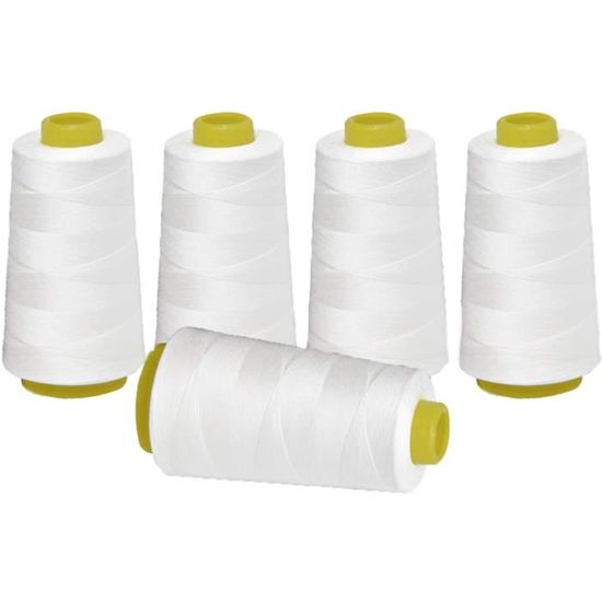 Fil à Coudre Polyester 40S/2 - 5 Bobines (3 Blanc, 2 Noir), 13715m, Pour Machine Et Main