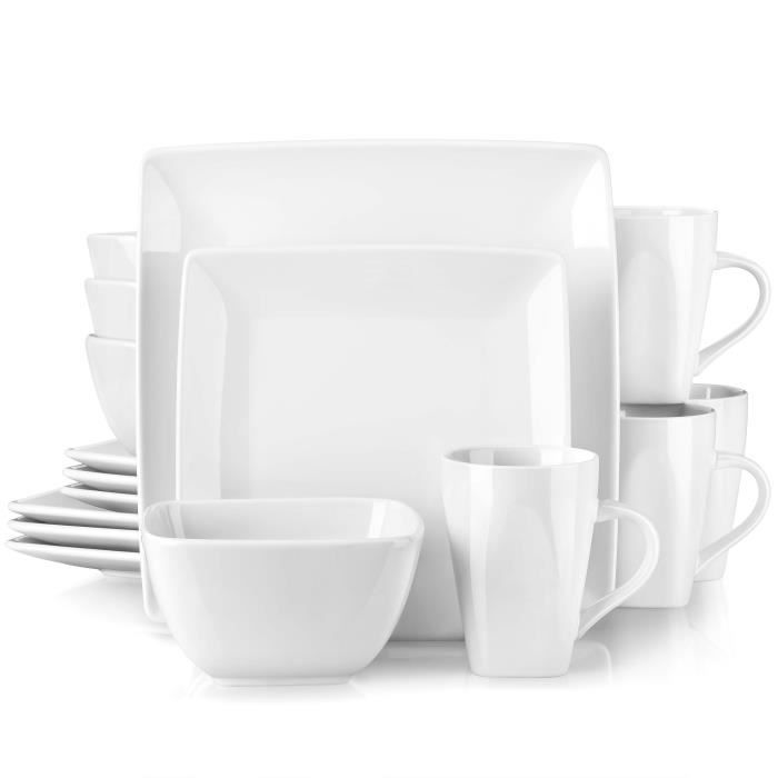 vancasso, Série Soho, Service de Table Blanc 16 pièces pour 4 Personnes, Assiette Porcelaine Carrée avec Bol à Céréales et Tasse