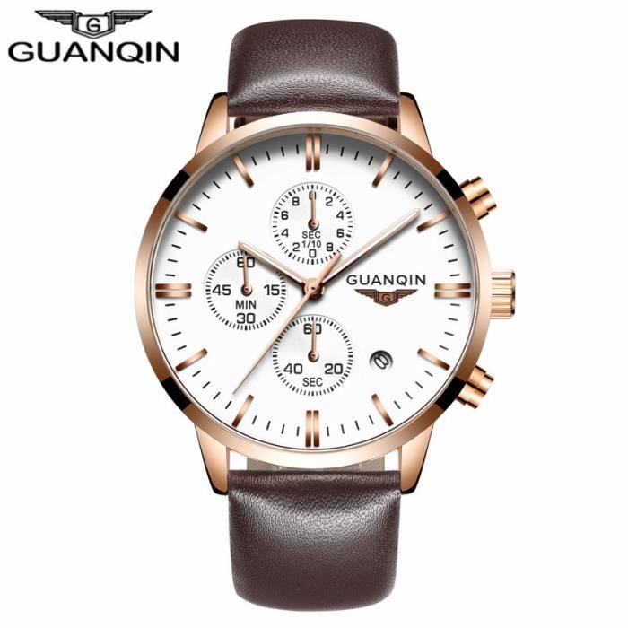 GUANQIN Quartz Montre Homme Montres Marque De Luxe Chronographe Hommes Sport Cuir Montre Étanche relogio masculino Brown Gold White.
