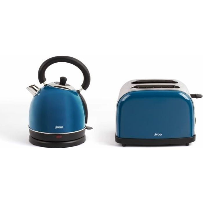 LIVOO DOD136B Set petit déjeuner vintage bouilloire électrique + grille-pain - bleu
