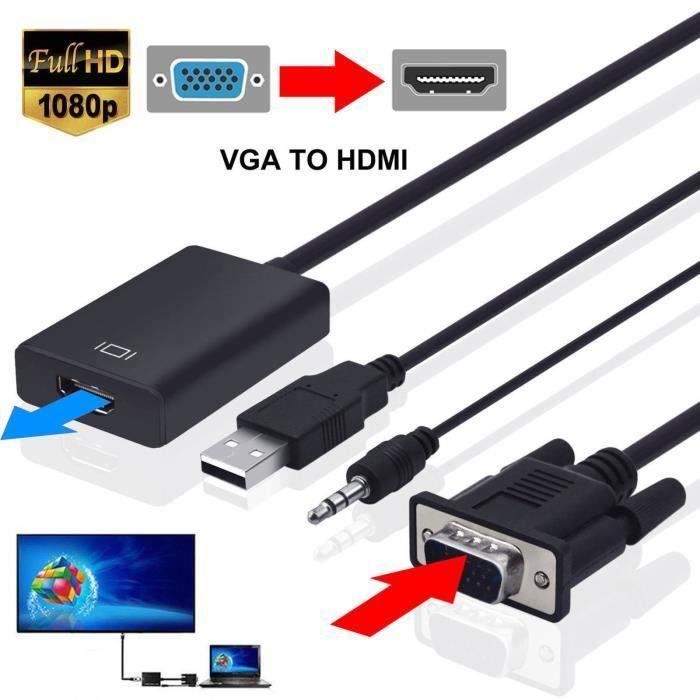 Convertisseur VGA vers HDMI Adaptateur de sortie vidéo 1080p avec câble audio de 3,5 mm pour HDTV