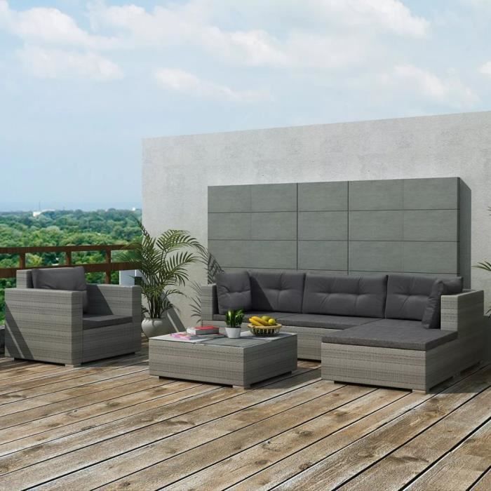 Mobilier de jardin 6 pcs avec coussins Résine tressée - Gris
