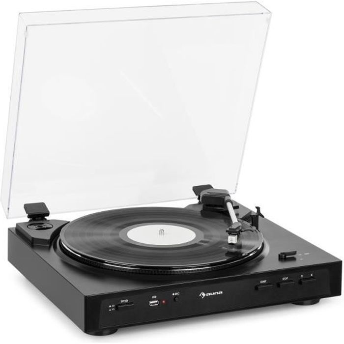auna Fullmatic Platine tourne-disque vinyle automatique avec pré-amplificateur - 33 1-3 ou 45 tours-min - enregistrement USB - noir