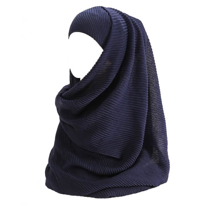 Maxi Hijab pour Femmes Foulard Écharpe Turban Châle Islamique, Plissé Coton ( Bleu Marine)