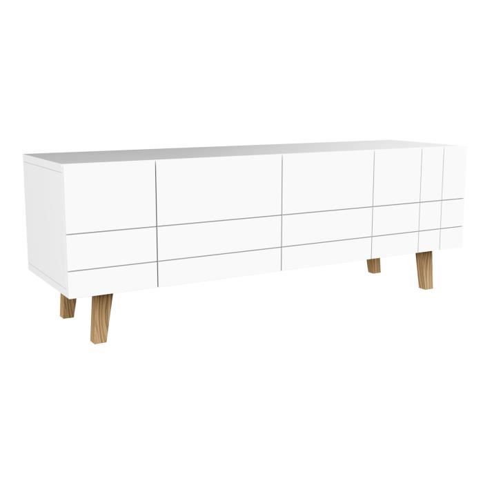 Meuble TV 4 portes, en MDF blanc, 140x45x50cm